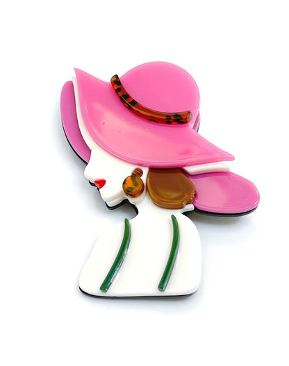 Large Lady in a Pink Sunhat Brooch, Stylish Lady Pin, Fashion Pin for Jacket Scarf, Head and Shoulders Lady Pin, Brooches For Women