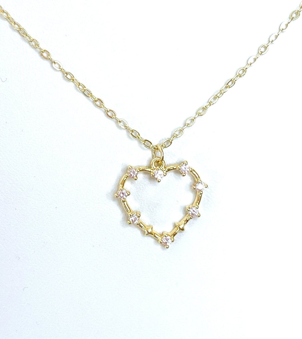 Gold Heart Pink Crystal Necklace | Dainty Heart Pendant | Gold CZ Heart | Minimalist Pendant