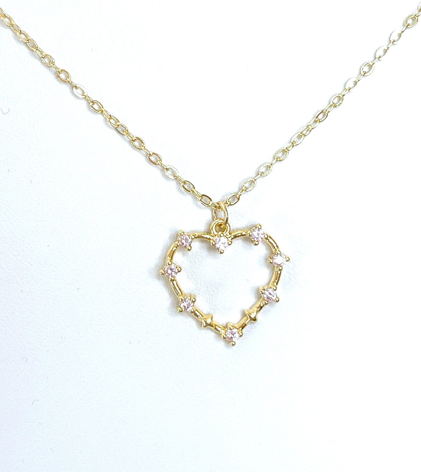 Gold Heart Pink Crystal Necklace | Dainty Heart Pendant | Gold CZ Heart | Minimalist Pendant