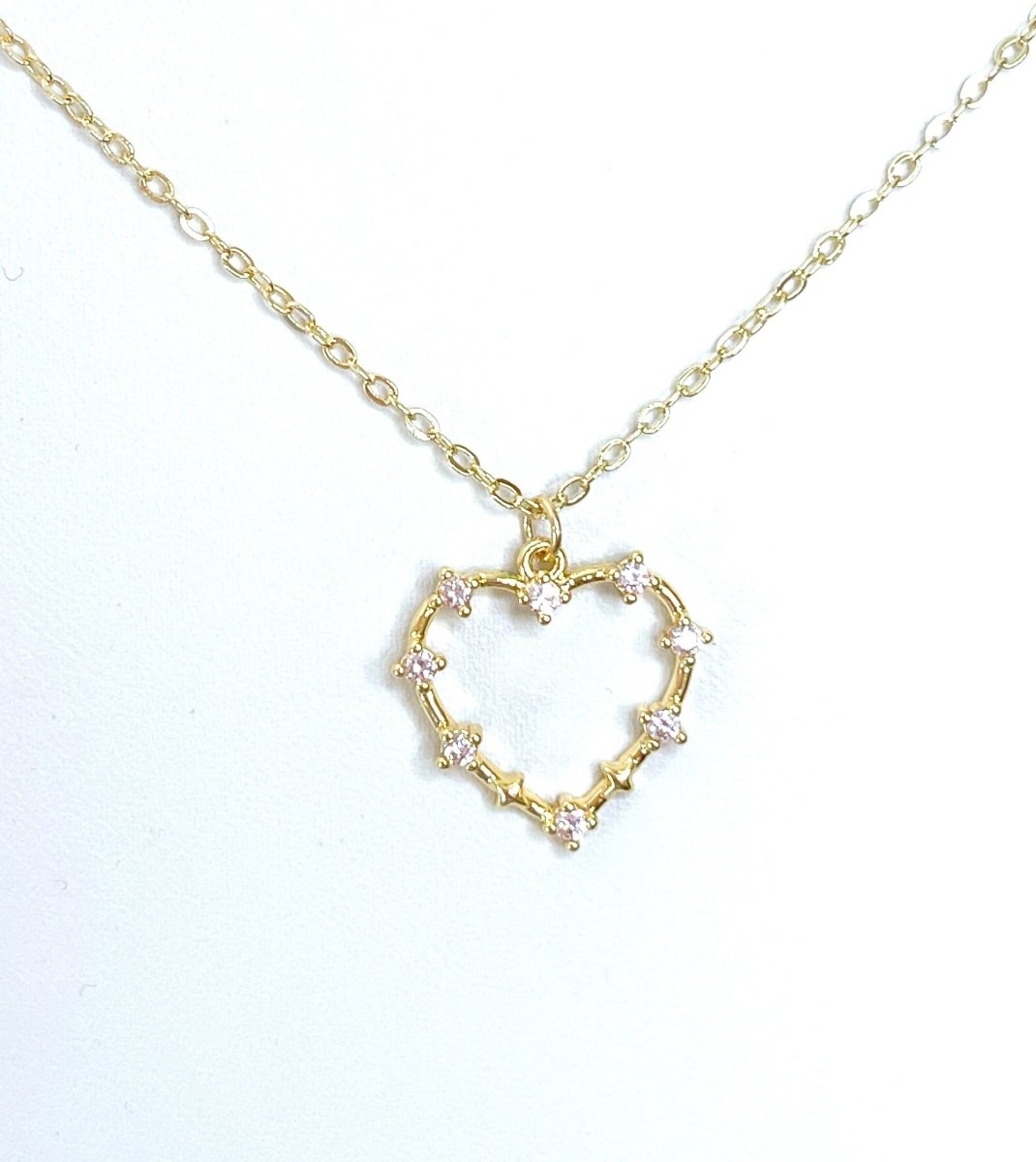 Gold Heart Pink Crystal Necklace | Dainty Heart Pendant | Gold CZ Heart | Minimalist Pendant