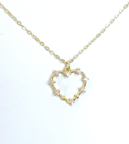 Gold Heart Pink Crystal Necklace | Dainty Heart Pendant | Gold CZ Heart | Minimalist Pendant