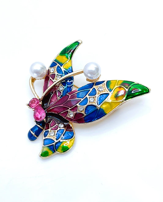 Pretty Multicolour Butterfly Brooch | Butterfly with Pearls | Enamel Jacket Pin