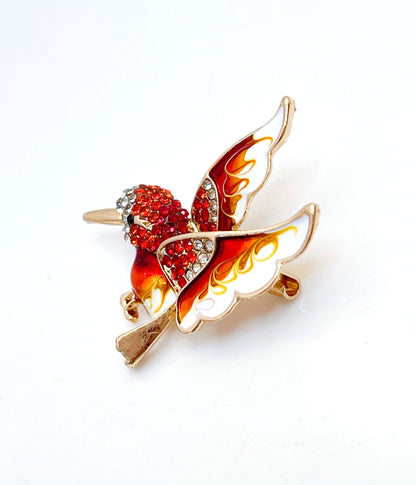 Red Hummingbird Brooch | Gift for Bird Lovers | Red and Gold Hummingbird | Cute Bird Pin