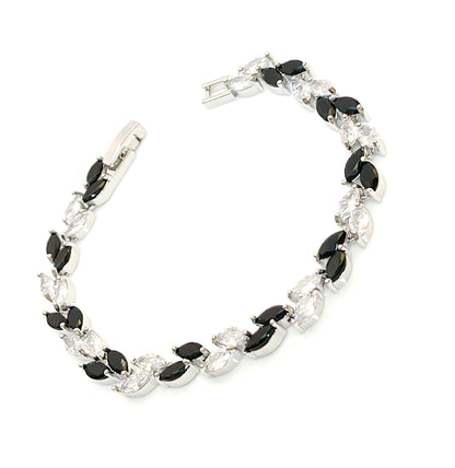 Black Clear Leaf CZ Crystal Bracelet | Silver Plated | Adjustable