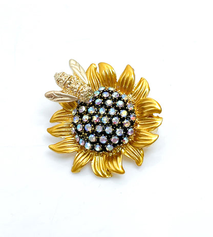 Vintage Sunflower with Bee Brooch, Gold Flower Pin, Flower Jacket Pin, Glittery Scarf Pin, Brooches For Women