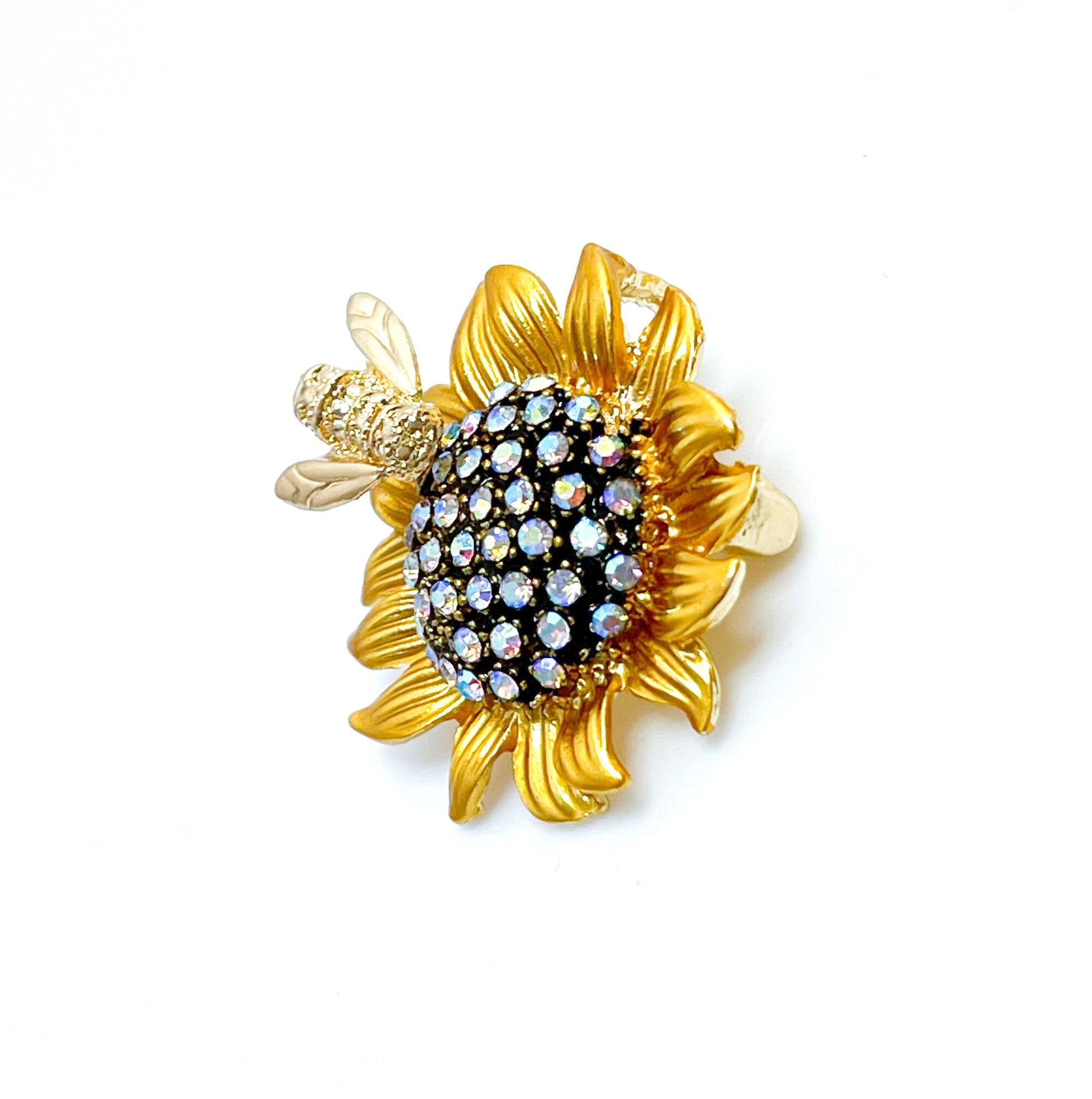 Vintage Sunflower with Bee Brooch, Gold Flower Pin, Flower Jacket Pin, Glittery Scarf Pin, Brooches For Women