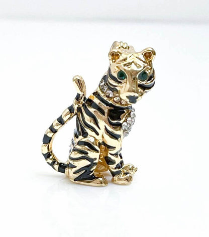 Gold Sitting Tiger Brooch, Gift for Animal Lovers, Tiger with Black Strips Jewelry, Brooches For Women