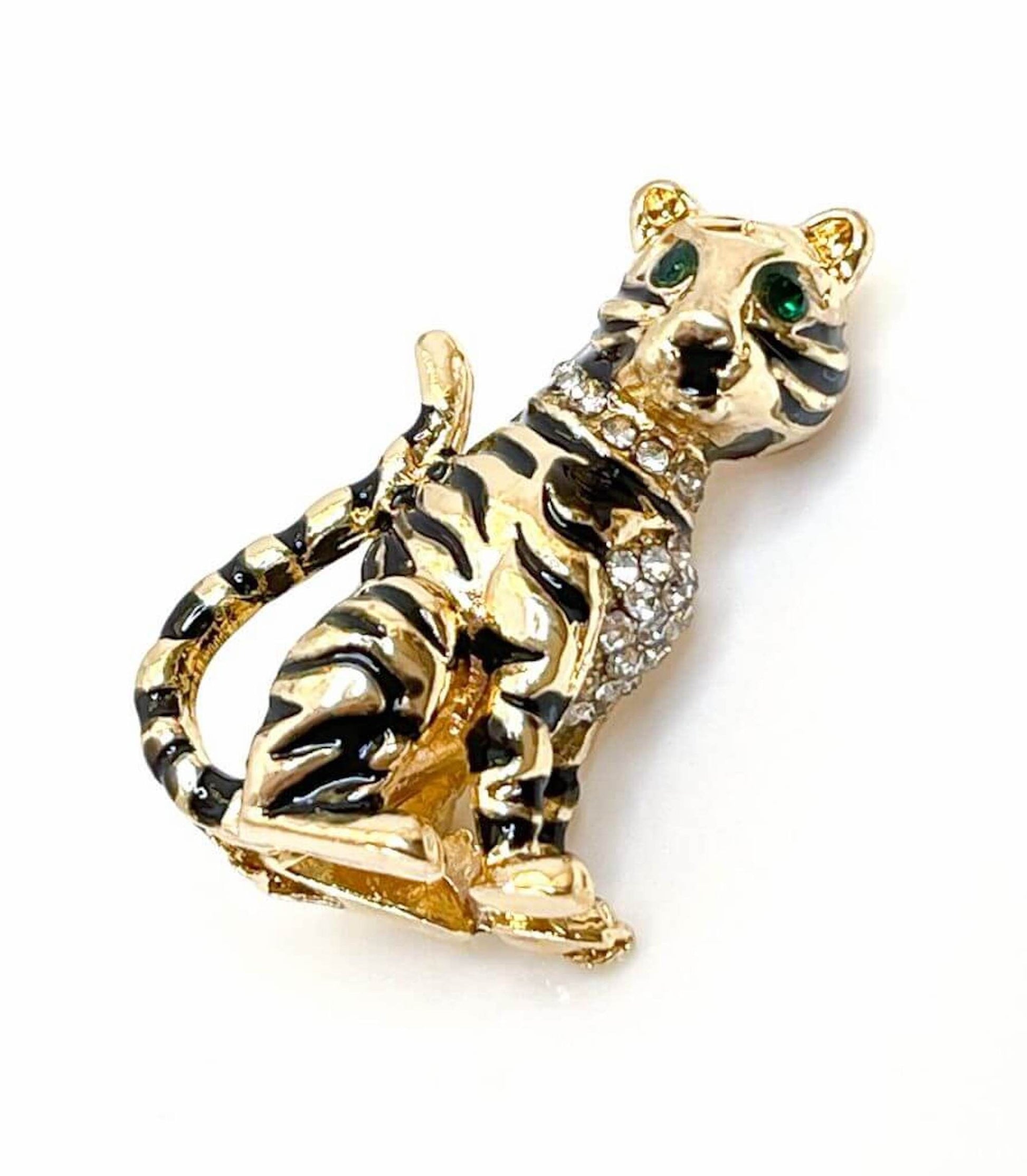 Gold Sitting Tiger Brooch, Gift for Animal Lovers, Tiger with Black Strips Jewelry, Brooches For Women