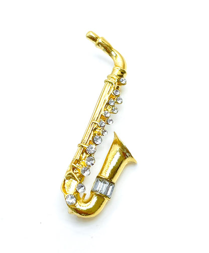 Gold Saxophone Brooch with Crystals, Fashion Brooch, Unisex Jewellery, Music Lovers Brooch, Wind Instrument Pin, Sax Lovers Gift