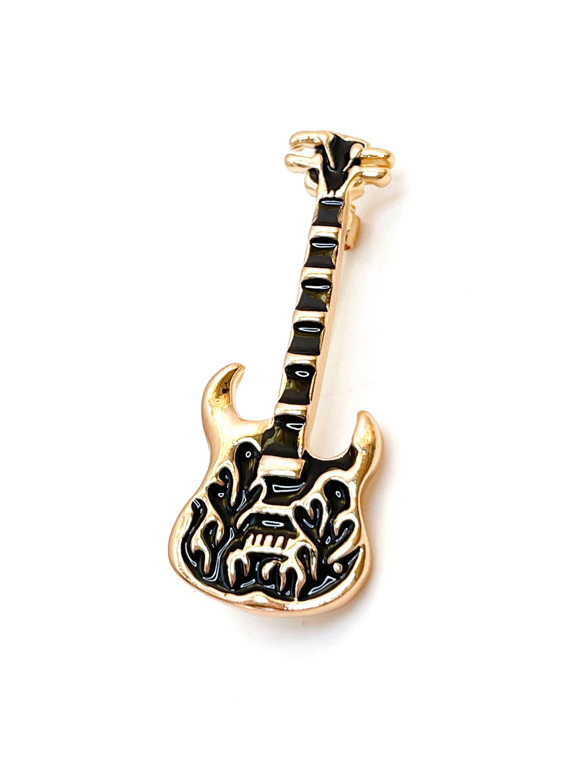 Black Gold Flame Guitar Brooch | Unisex Jewellery | Music Lovers Gift