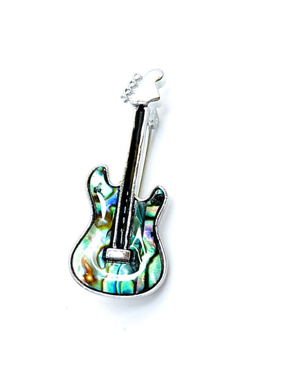 Silver Abalone Shell Guitar Brooch, Fashion Brooch, Unisex Jewellery, Music Lovers Brooch, Rockers Pin, Guitar Lovers Gift