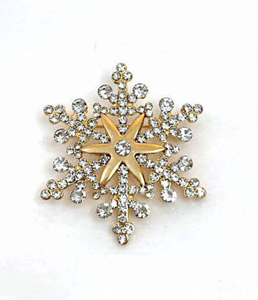 Gold Crystal Snowflake Brooch, Seasonal Pin | Sparkly Christmas Brooch