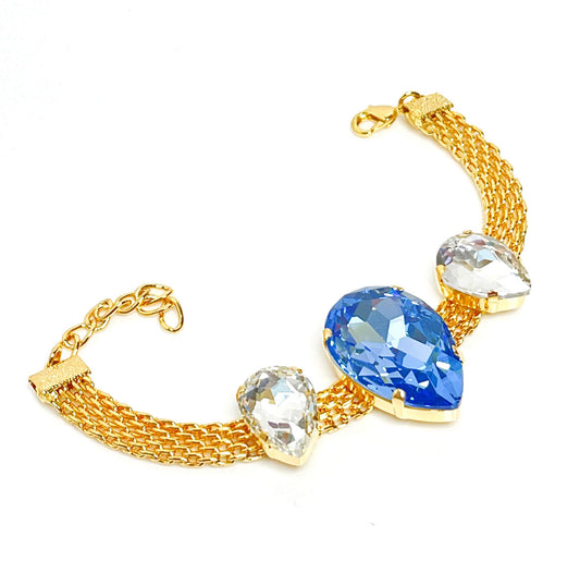 Light Sapphire Crystal Gold Mesh Bracelet, Large Teardrop Cuff, Statement Jewellery, Georgian Style Bracelet, Bracelets for Women