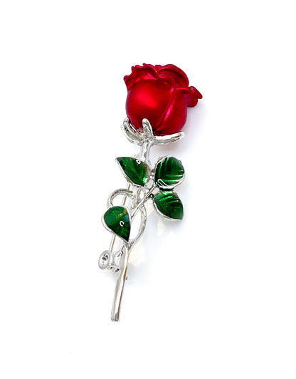 Pretty Single Red Rose Brooch, Red Silver Rose with Green Leaves, Flower Jacket Pin, Brooches For Women