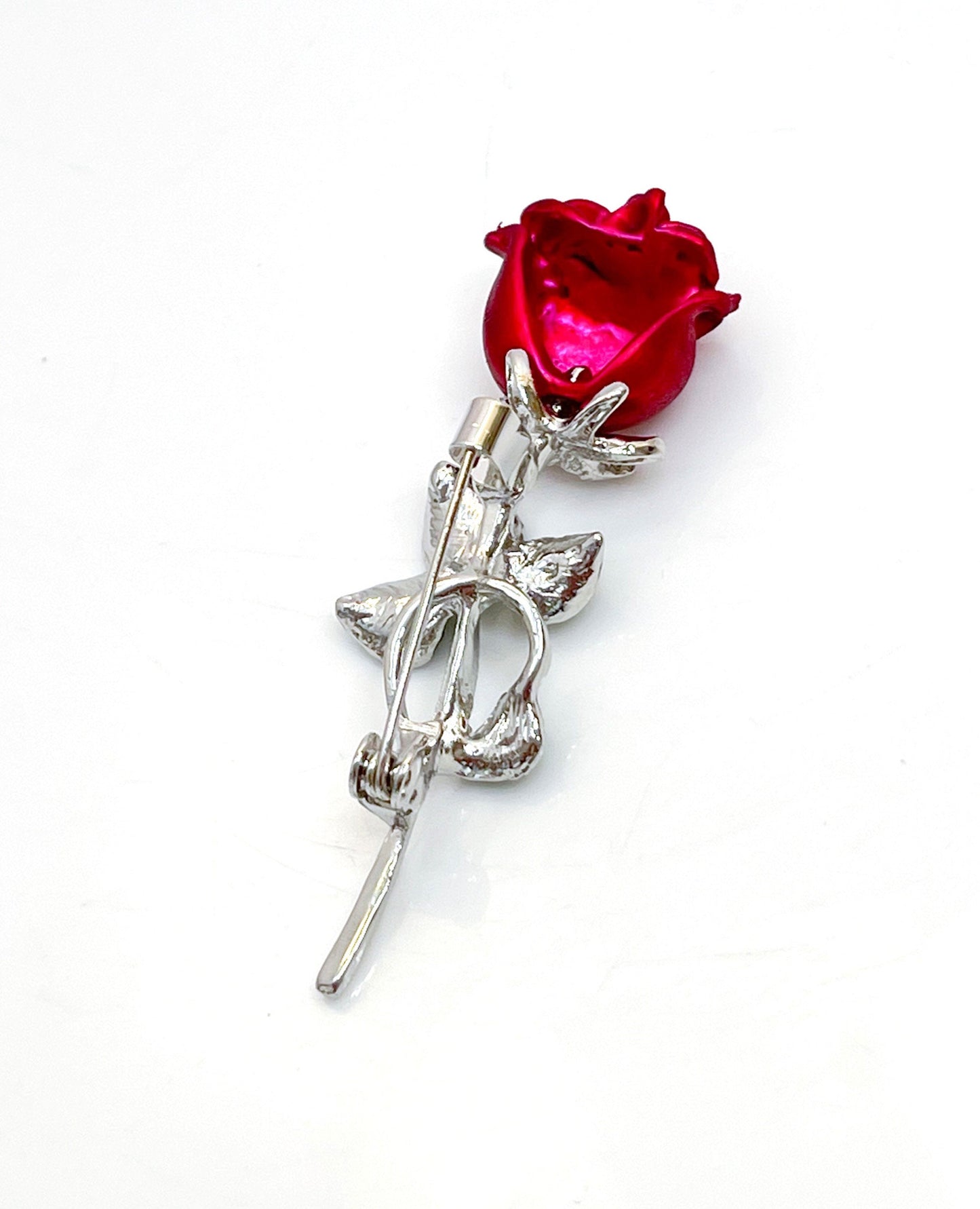 Pretty Single Red Rose Brooch, Red Silver Rose with Green Leaves, Flower Jacket Pin, Brooches For Women