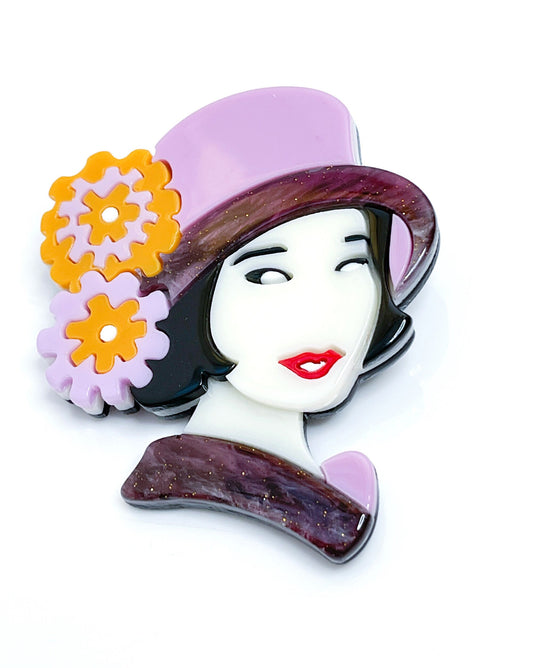 1920's Lady Brooch, Stylish Lady in Hat with Flowers Pin, Fashion Pin for Jacket Scarf, Art Deco Lady Pin, Brooches For Women
