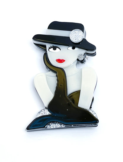 Elegant 1920's Lady Brooch | Lady in Black Hat with Long Gloves Fashion Pin