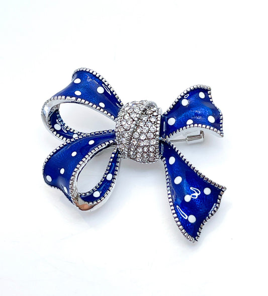 Vintage Style Blue Crystal Spotted Bow Brooch | Rhinestone Crystal Ribbon Pin