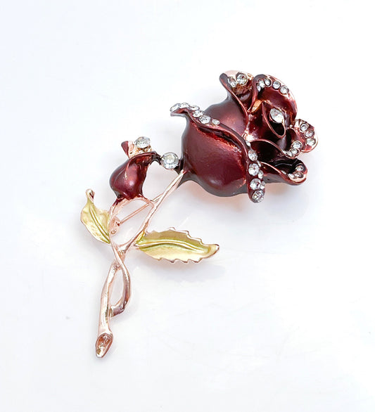 Vintage Single Rose Brooch | Wine Gold Rose Pin with Crystals 