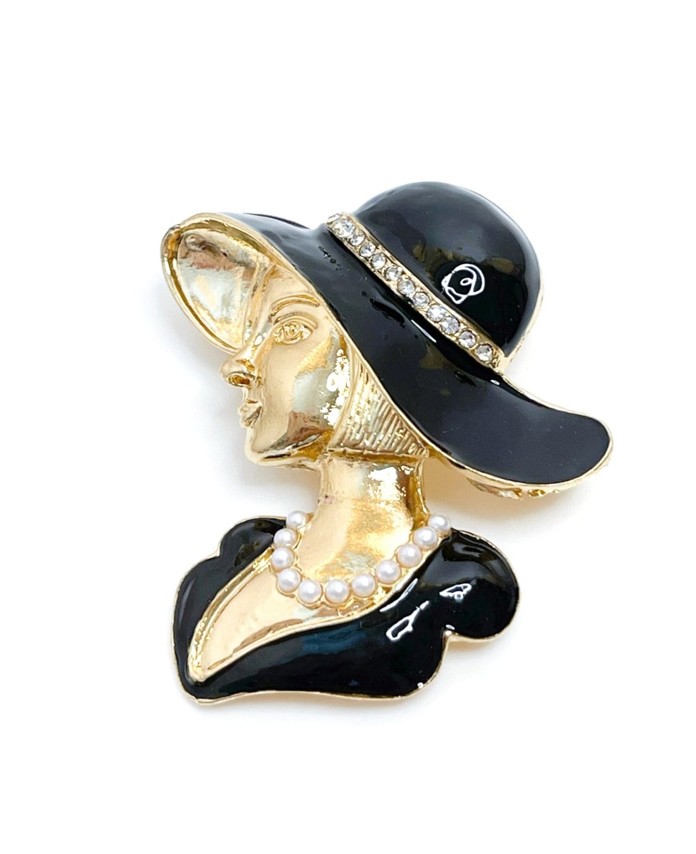 Classy Lady Brooch In Black Hat Dress with Pearls