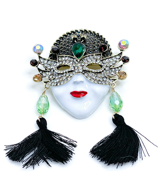 White Face with Mask and Tassels Brooch | Stylish Mask Pin | Fashion Pin for Jacket Scarf 