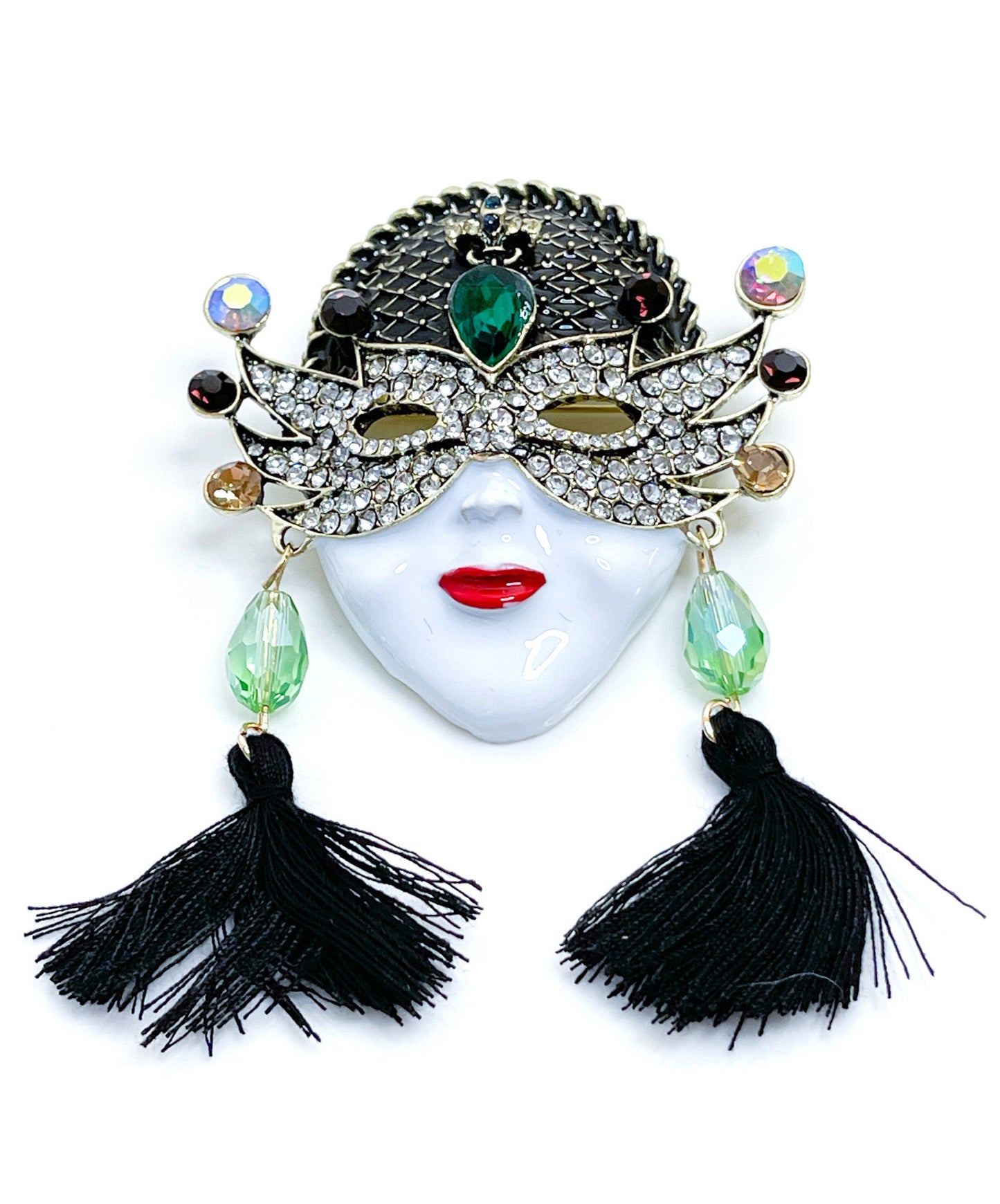 White Face with Mask and Tassels Brooch | Stylish Mask Pin | Fashion Pin for Jacket Scarf 