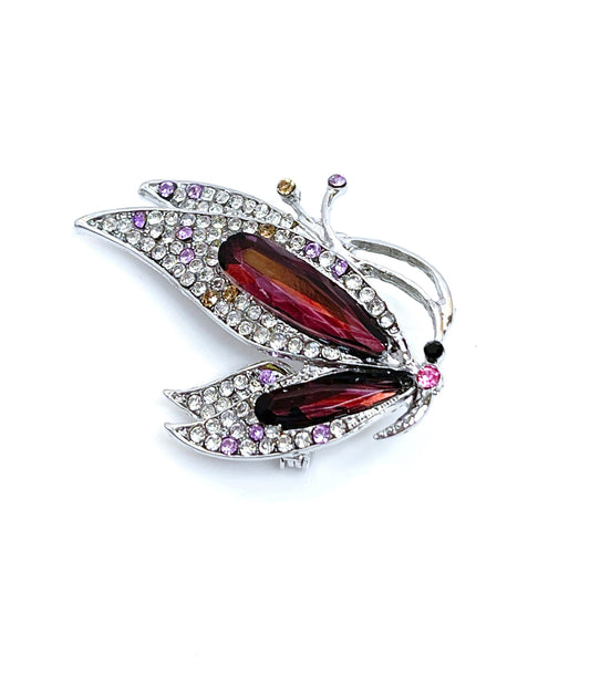 Red Crystal Butterfly Brooch | Vintage Style Diamanté Pin