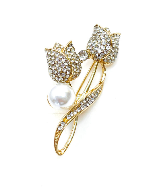 Pretty Crystal Tulip Brooch, Gold Tulip with Pearl and Crystals, Flower Jacket Pin, Brooches For Women