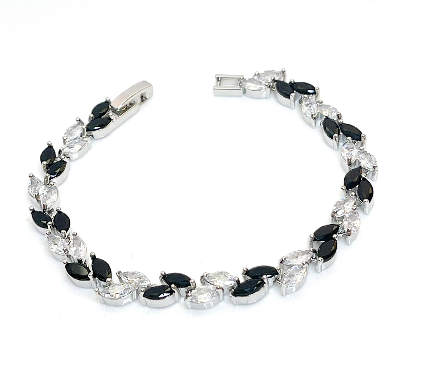 Black Clear Leaf CZ Crystal Bracelet | Silver Plated | Adjustable