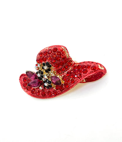 Vintage Style Red Hat Brooch, Crystal Hat with Flowers, Sparkly Fashion Pin, Brooch for Scarf Jacket, Brooches For Women