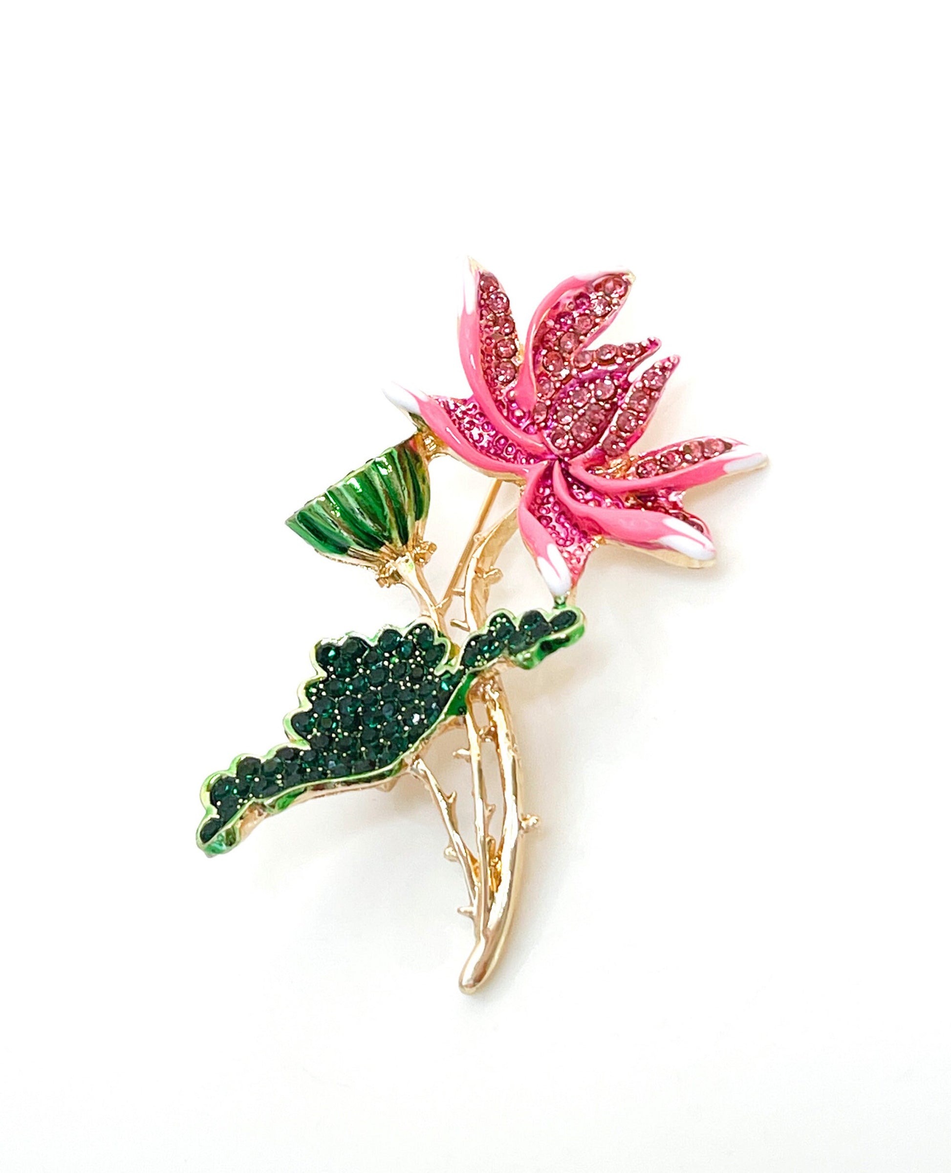 Pretty Pink Lotus Flower Brooch, Pink Crystal Flower with Green Leaves, Flower Jacket Pin, Brooches For Women