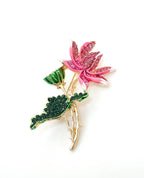 Pretty Pink Lotus Flower Brooch, Pink Crystal Flower with Green Leaves, Flower Jacket Pin, Brooches For Women