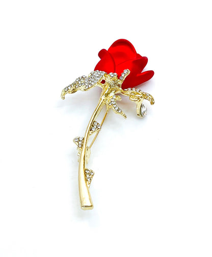 Pretty Single Red Rose Brooch | Red Gold Rose with Crystal Teardrop | Flower Jacket Pin