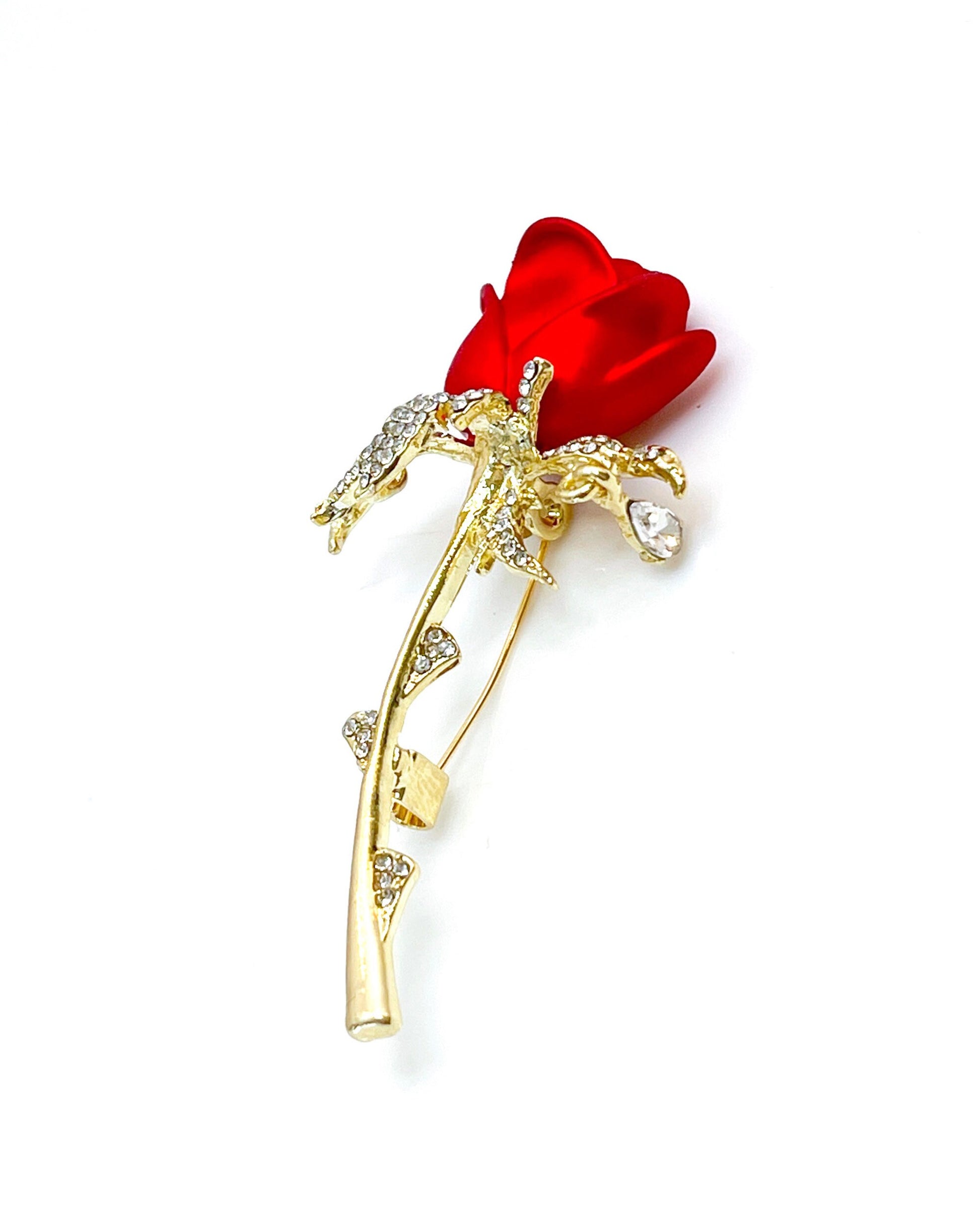 Pretty Single Red Rose Brooch | Red Gold Rose with Crystal Teardrop | Flower Jacket Pin