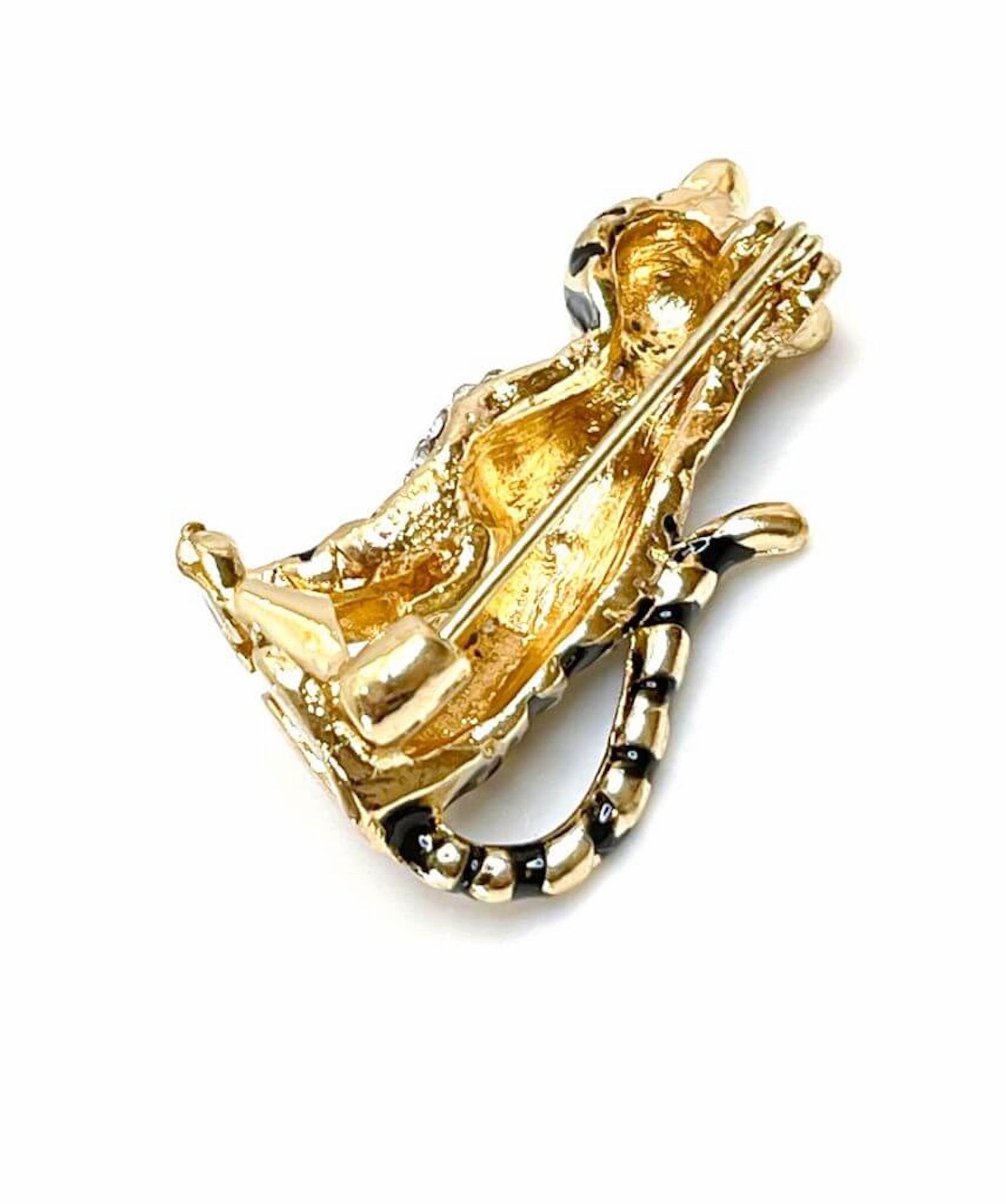 Gold Sitting Tiger Brooch, Gift for Animal Lovers, Tiger with Black Strips Jewelry, Brooches For Women