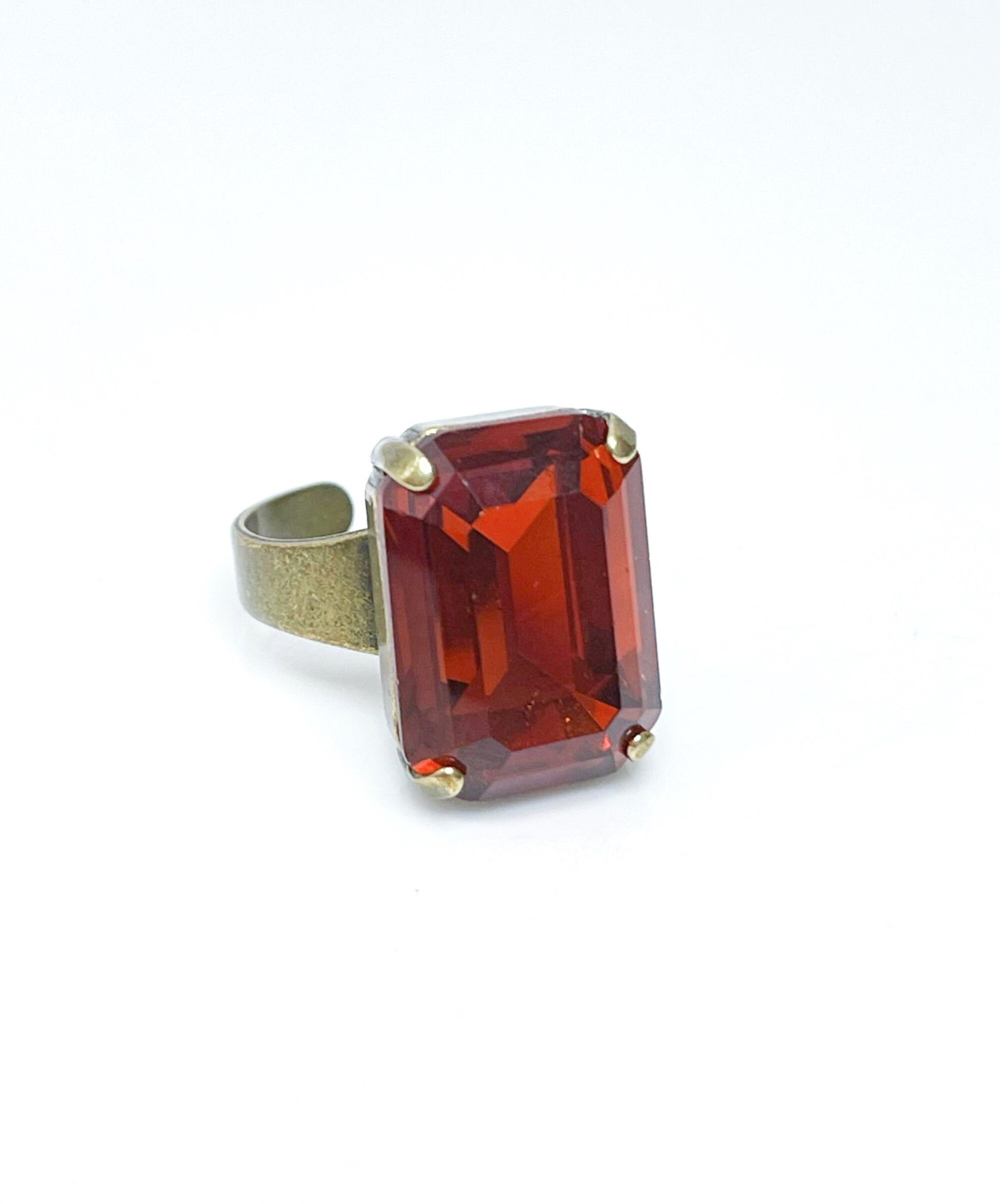 Tangerine Crystal Ring, Large Burnt Orange Octagon Ring, Antique Brass, Georgian Collet, Rectangle Statement Rings For Women