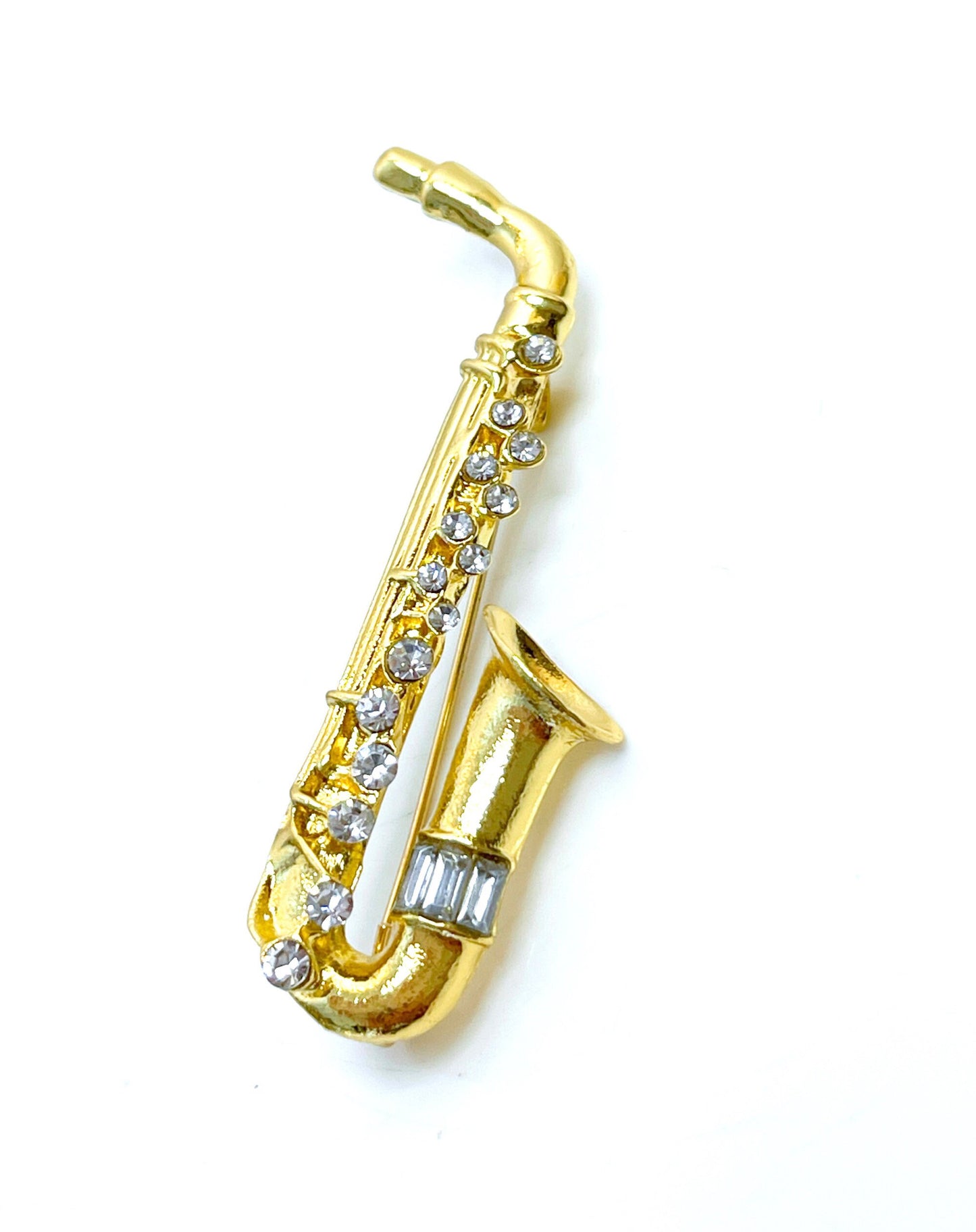 Gold Saxophone Brooch with Crystals, Fashion Brooch, Unisex Jewellery, Music Lovers Brooch, Wind Instrument Pin, Sax Lovers Gift