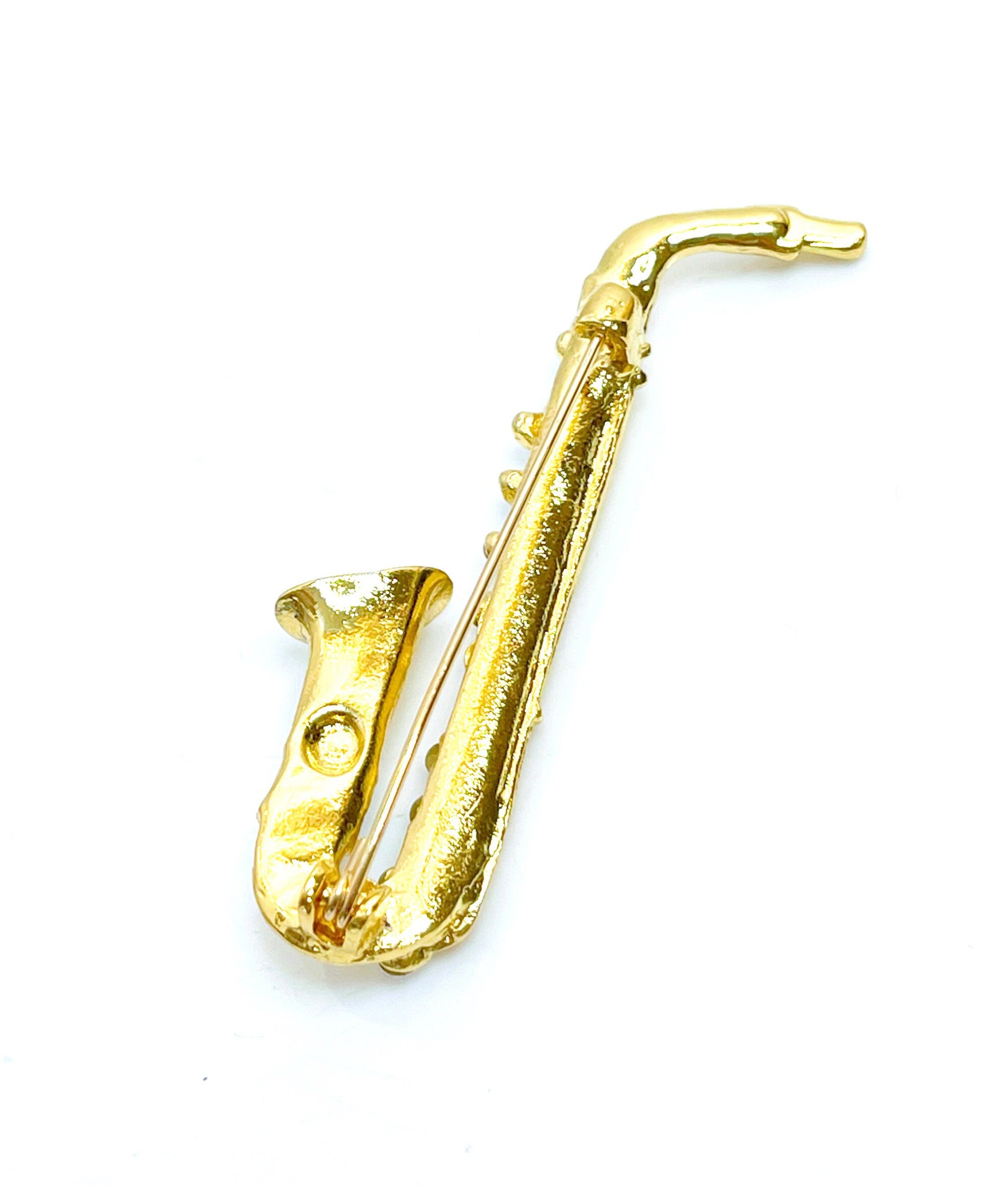 Gold Saxophone Brooch with Crystals, Fashion Brooch, Unisex Jewellery, Music Lovers Brooch, Wind Instrument Pin, Sax Lovers Gift