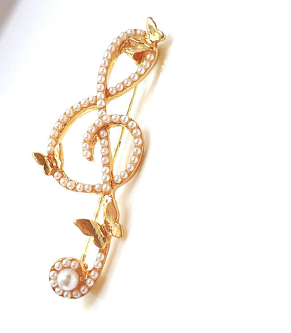 Gold Treble Clef with Pearls Brooch, Fashion Butterfly Brooch, Music Lovers Brooch, Piano Players Pin, Piano Lovers Gift