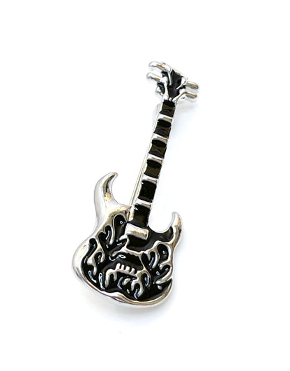 Black Silver Flame Guitar Brooch | Unisex Music Lovers Gift