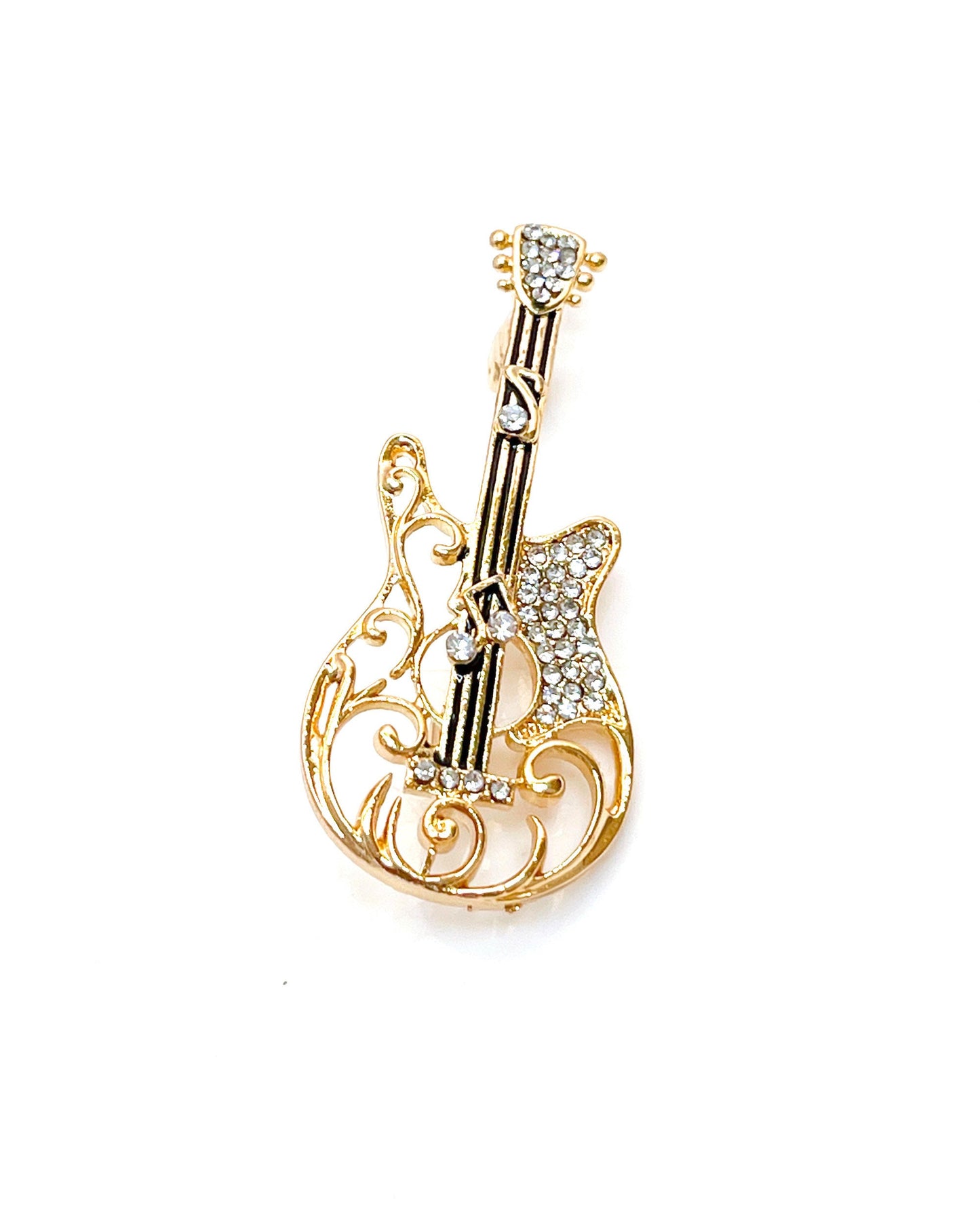 Gold Crystal Guitar Brooch, Filigree Fashion Brooch, Unisex Jewellery, Music Lovers Brooch, Rockers Pin, Guitar Lovers Gift