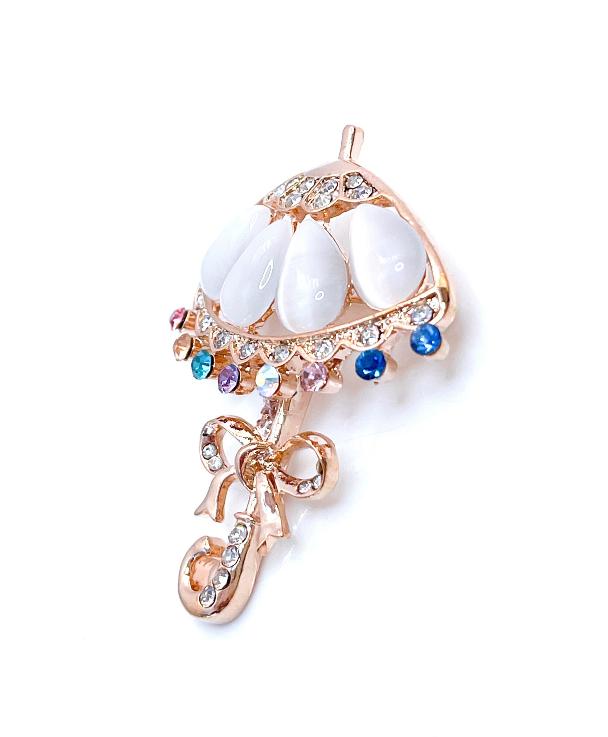 Vintage Style Opal Umbrella Brooch | Fun Crystal Brolly Pin