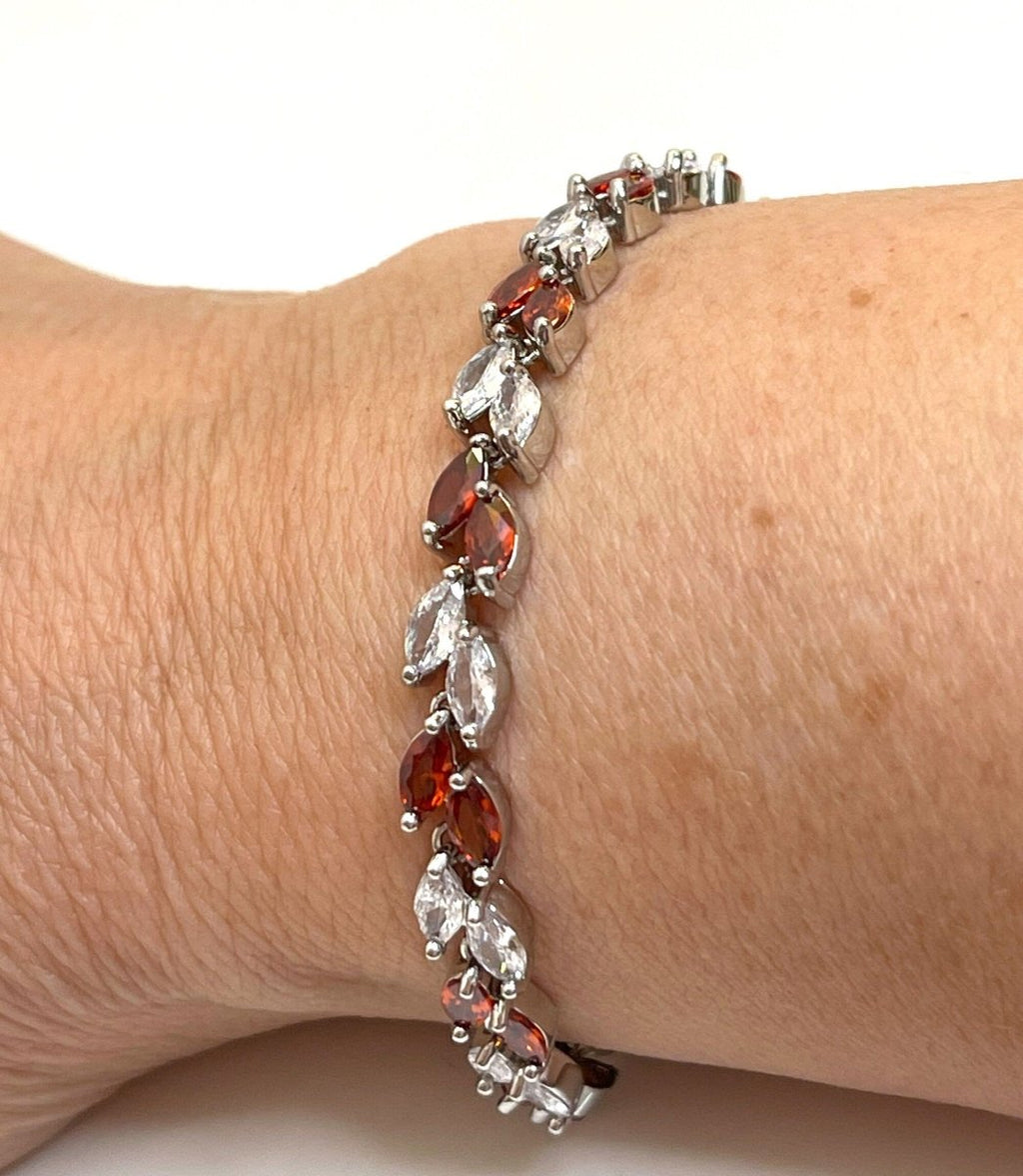 Red Clear Leaf Crystal Bracelet, Silver Plated, Adjustable Bracelet, CZ Clear Red Crystal, Bracelets for Women