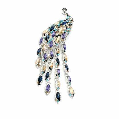 Stunning Crystal Peacock Brooch, Statement Fashion Brooch, Tassel Peacock Pin, Extra Long Luxury Peacock Pin, Brooches for Women