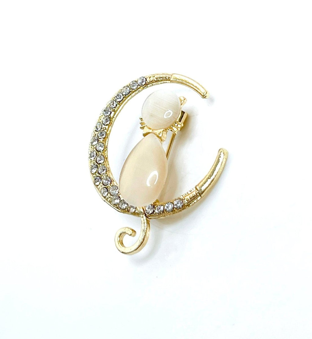 Gold Cat on the Moon Brooch, Opal Cat Pin, Dainty Crystal Cat Jewelry, Animal Lovers, Pet Lovers, Pin for Scarf Jacket, Brooch for Women