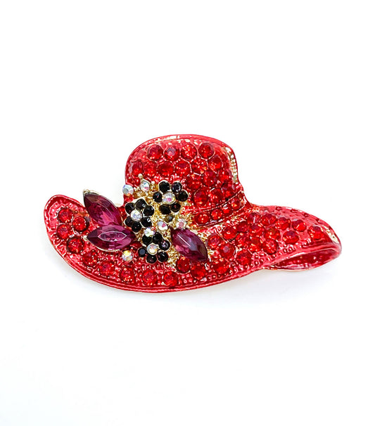 Vintage Style Red Hat Brooch, Crystal Hat with Flowers, Sparkly Fashion Pin, Brooch for Scarf Jacket, Brooches For Women