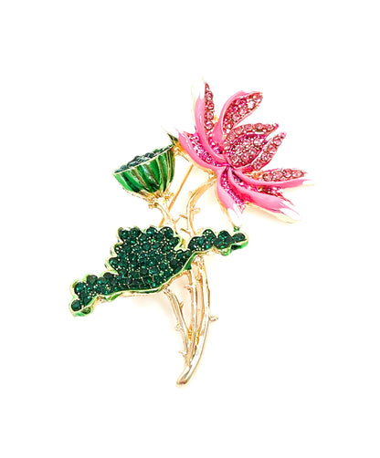 Pretty Pink Lotus Flower Brooch, Pink Crystal Flower with Green Leaves, Flower Jacket Pin, Brooches For Women