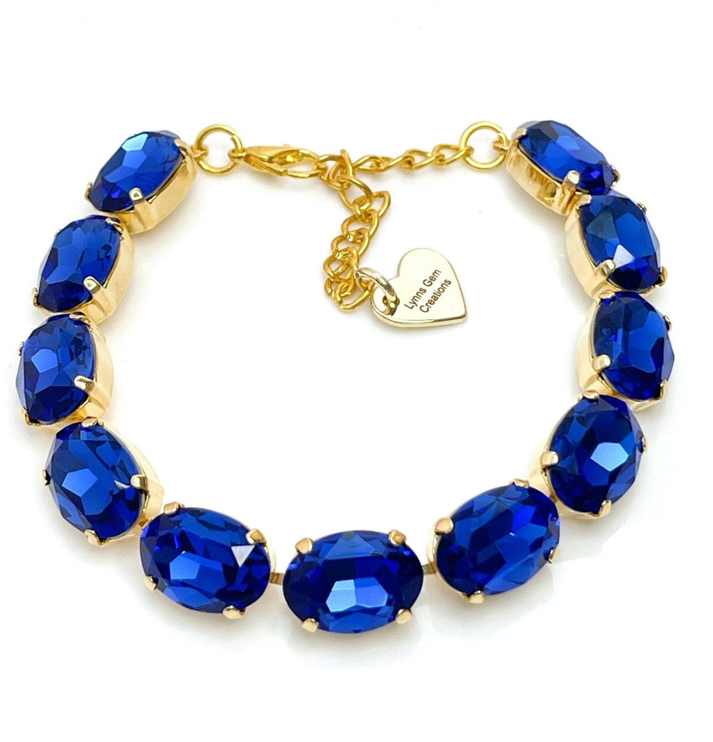 Sapphire Blue Crystal Gold Plated Bracelet | Oval Blue Tennis Bracelet