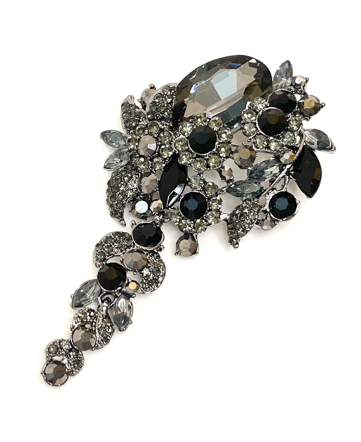 Long Tassel Grey Crystal Flower Brooch | Sparkly Black Crystal Bouquet Pin