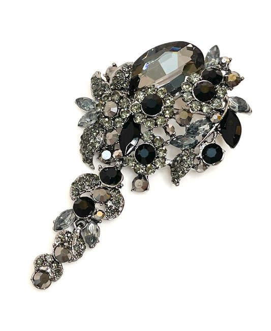 Long Tassel Grey Crystal Flower Brooch | Sparkly Black Crystal Bouquet Pin